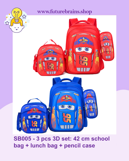 SB005 - 3 pcs 3D set McQueen design: 42 cm school bag + lunch bag + pencil case