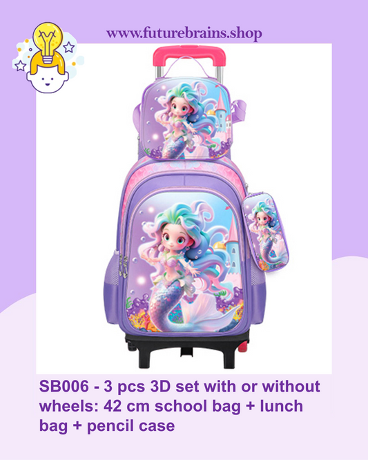 SB006 - 3 pcs 3D set with or without wheels mermaid design: 42 cm school bag + lunch bag + pencil case