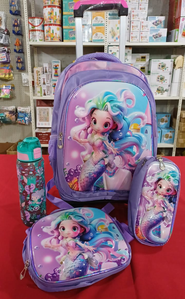 SB006 - 3 pcs 3D set with or without wheels mermaid design: 42 cm school bag + lunch bag + pencil case