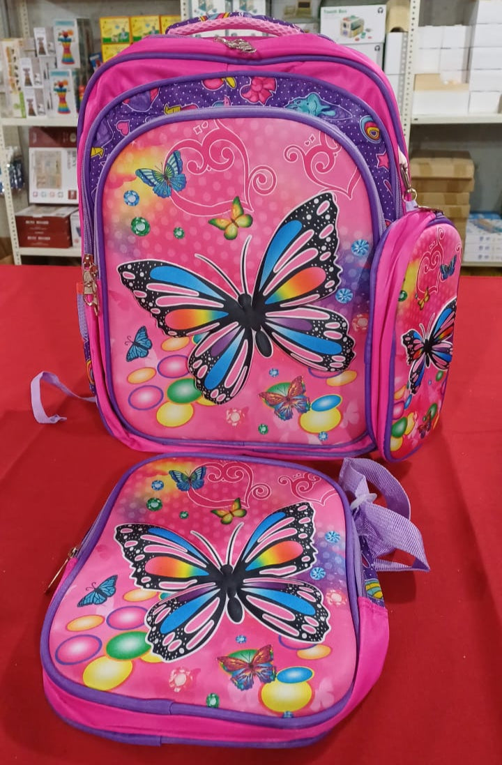 SB004 - 3 pcs 3D set butterflies design: 42 cm school bag with or without wheels + lunch bag + pencil case